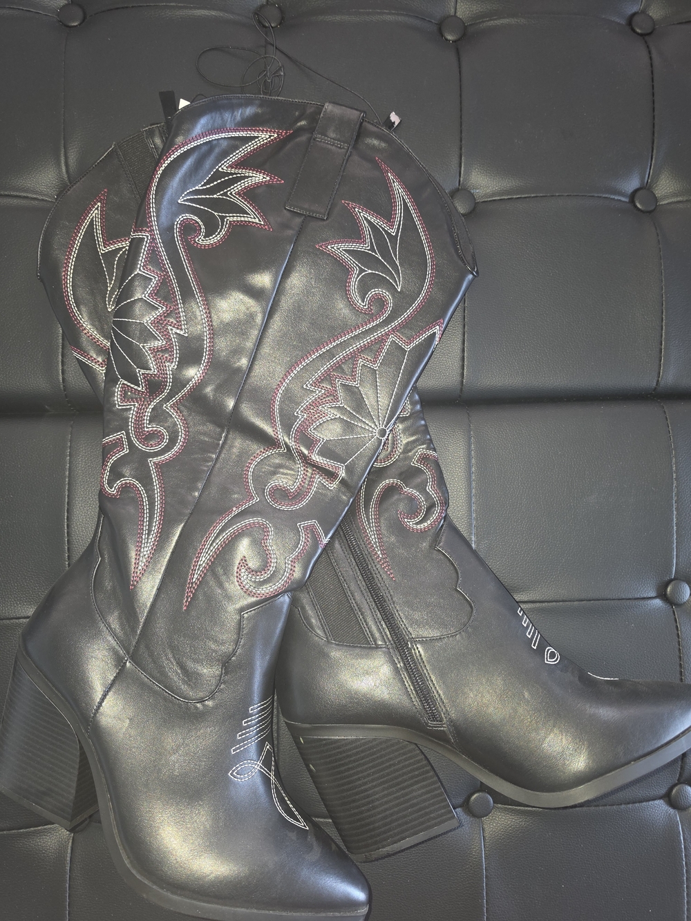 Black Embroidered WIDE CALF Western Knee-High Boots - Women